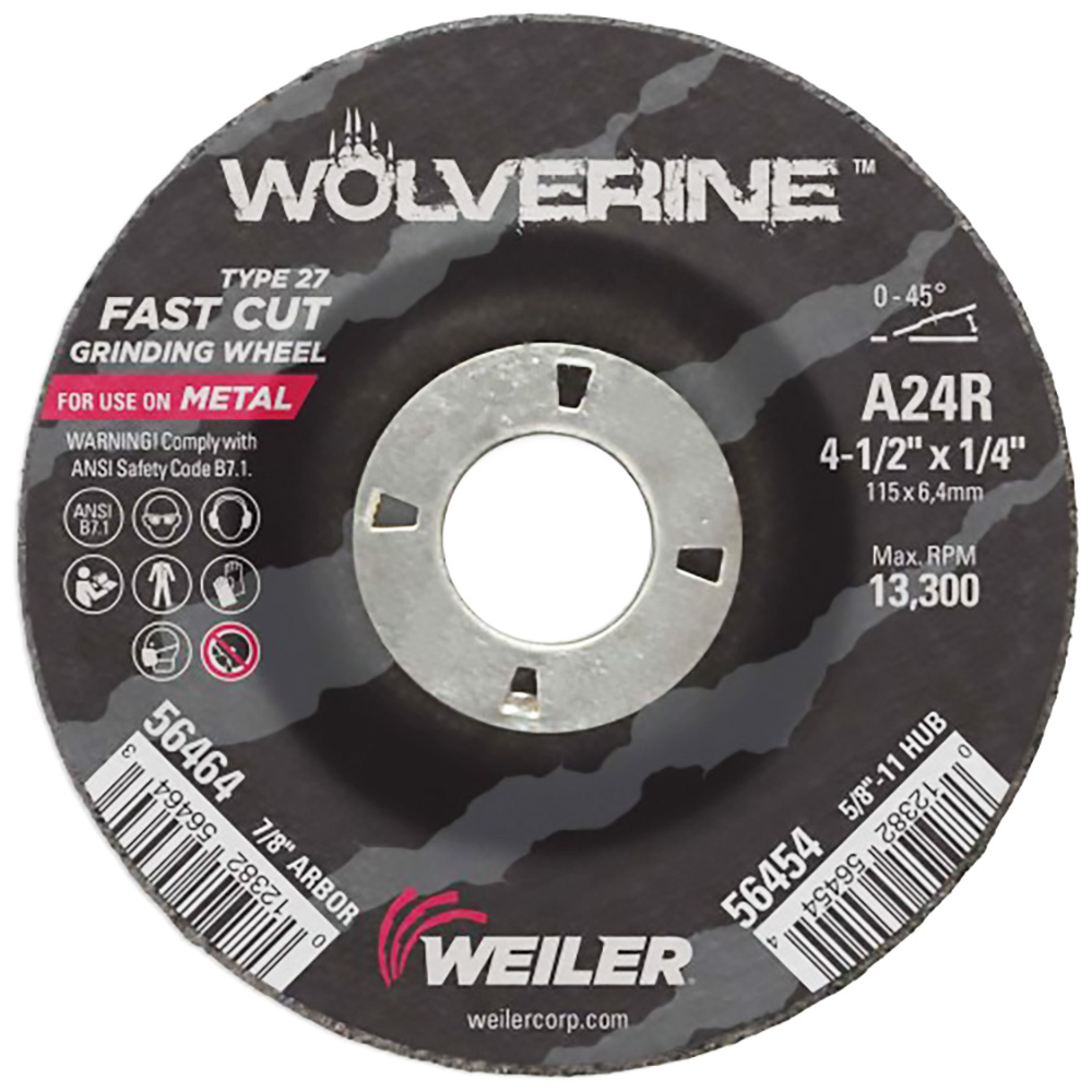 4-1/2" Dia. x 1/4" Thickness x 7/8" Arbor Hole Weiler® Wolverine™ Grinding Wheel - Type 27