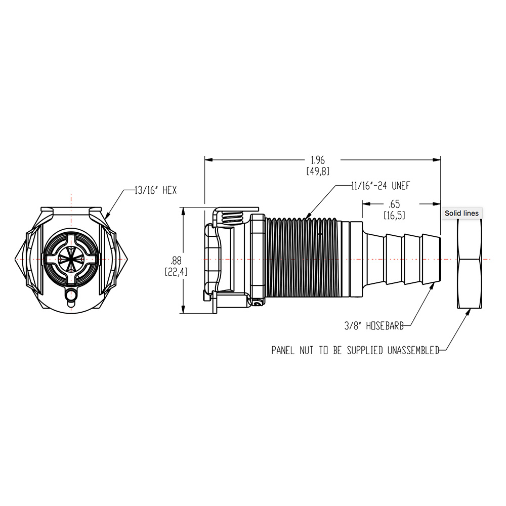 3/8" Hose Barb PLC Series Acetal Panel Mount Body - Shutoff (Insert Sold Separately)