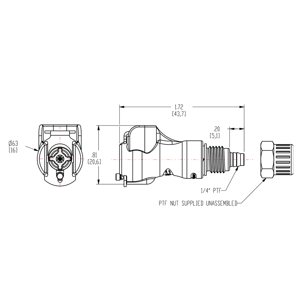 1/4" In-Line Ferruleless PTF PMC Series Acetal Body - Shutoff (Insert Sold Separately)