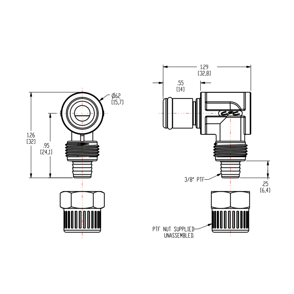 3/8" Ferruleless PTF PLC Series Acetal Elbow Insert - Straight Thru (Body Sold Separately)
