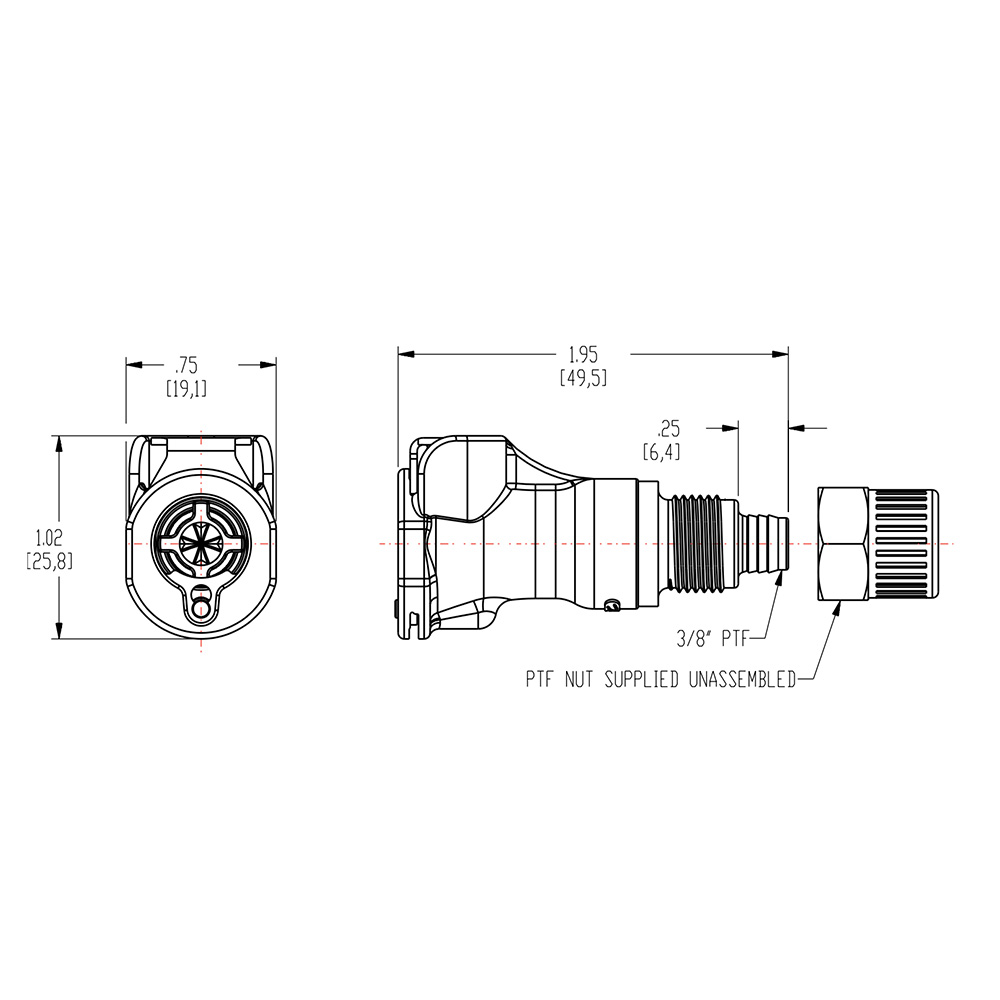 3/8" In-Line Ferruleless PTF PLC Series Polypropylene Body - Shutoff (Insert Sold Separately)