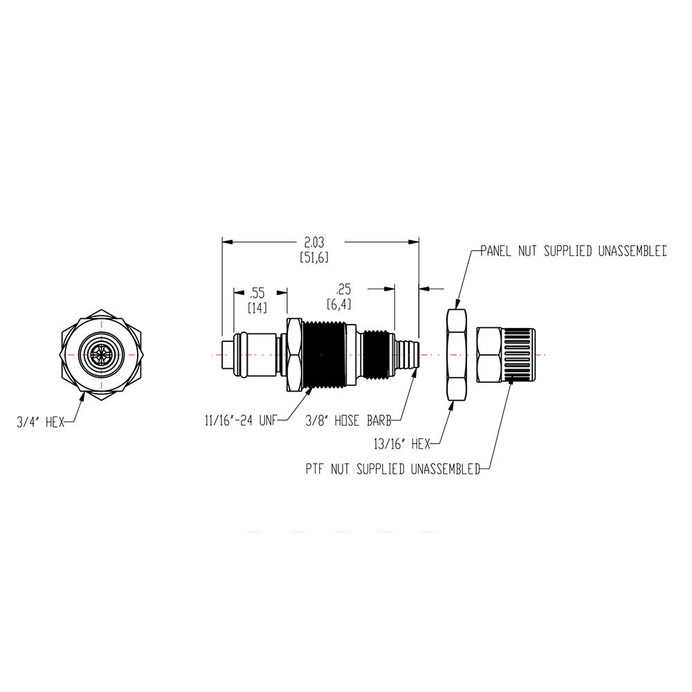 3/8" Ferruleless PTF PLC Series Acetal Panel Mount Insert - Shutoff (Body Sold Separately)