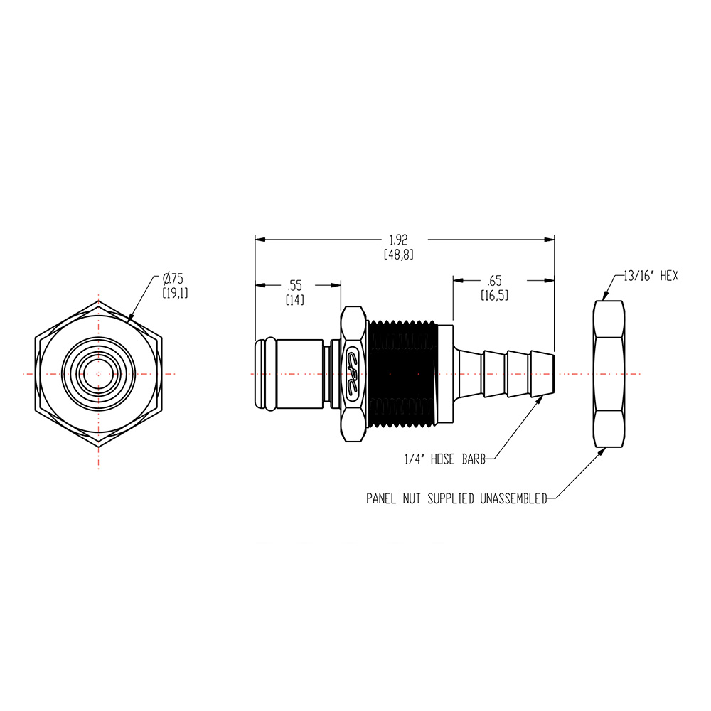 1/4" Hose Barb PLC Series Polypropylene Panel Mount Insert - Straight Thru (Body Sold Separately)