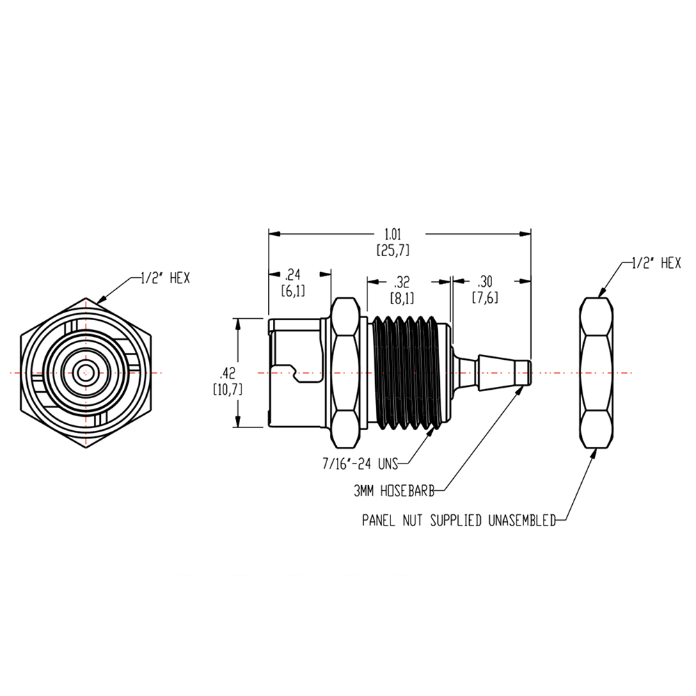 3mm Hose Barb SMC Series Subminiature Acetal Metric Panel Mount Coupling Body - Straight Thru (Insert Sold Separately)