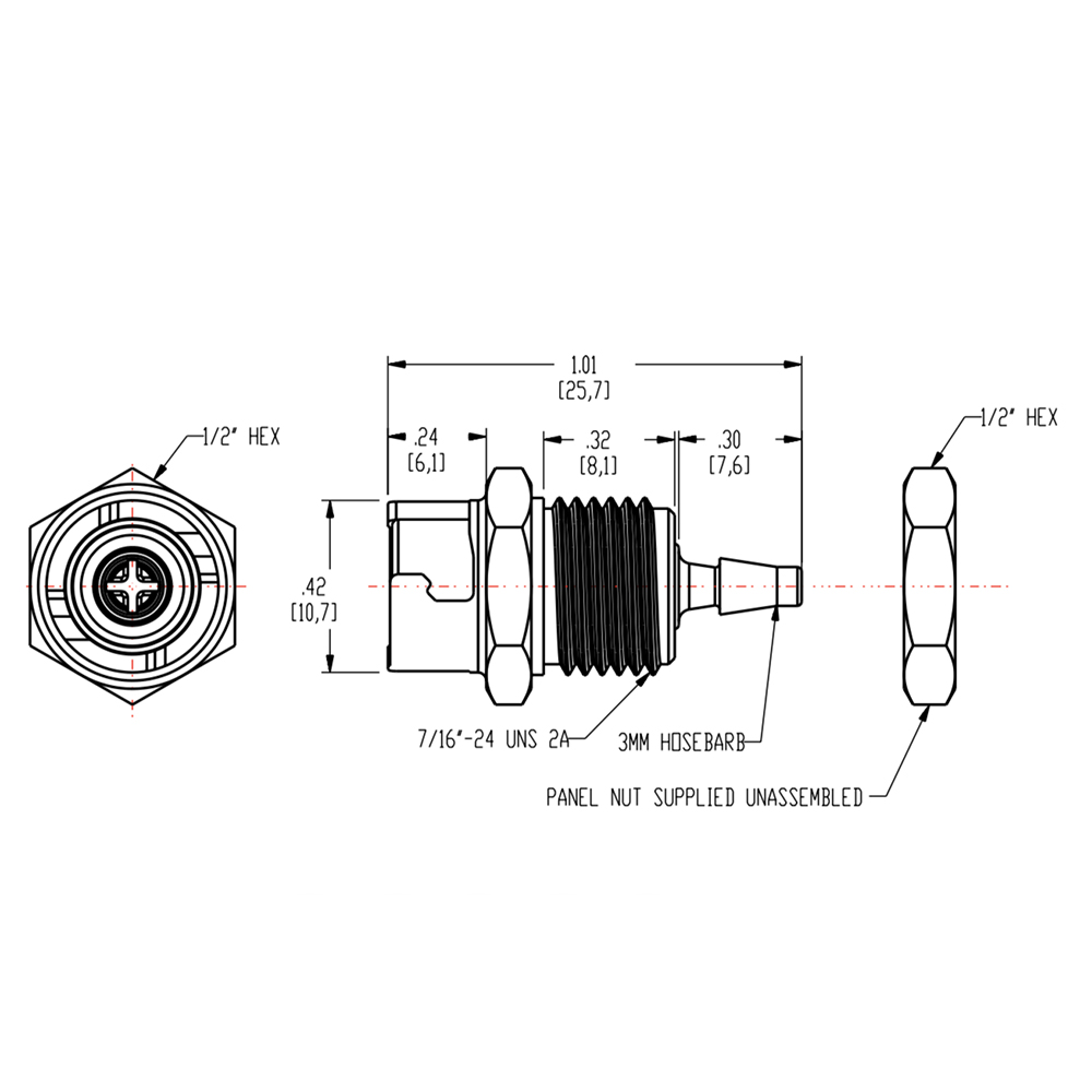 3mm Hose Barb SMC Series Subminiature Acetal Metric Panel Mount Coupling Body - Shutoff (Insert Sold Separately)